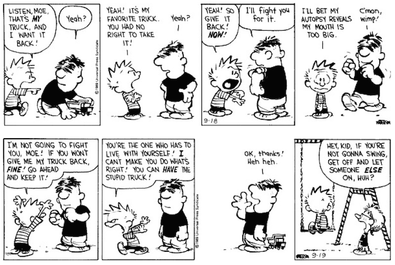 Illustration for article titled A String Of Upsetting Calvin & Hobbes Strips Told A Bold Story About Bullying